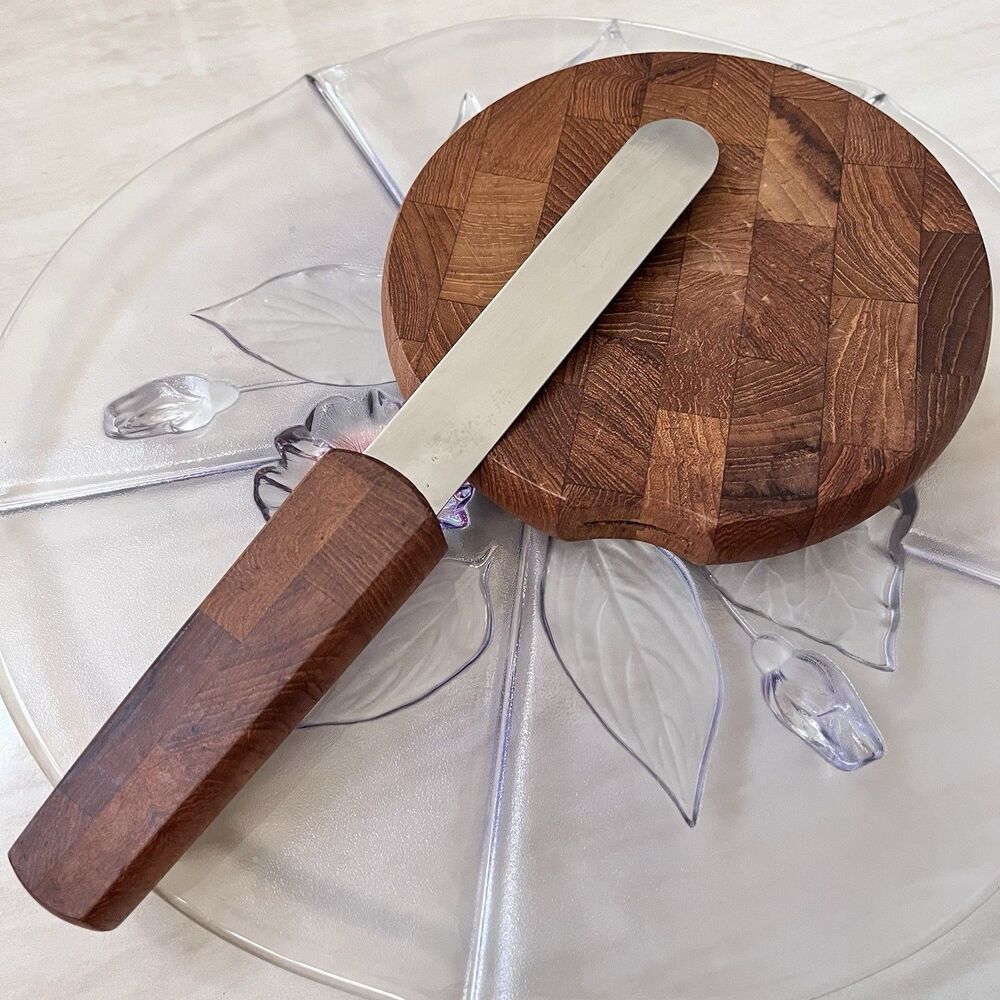Vintage MCM Dansk Designs Round Cheese Cutting Board w/ Knife / Spreader Handle
